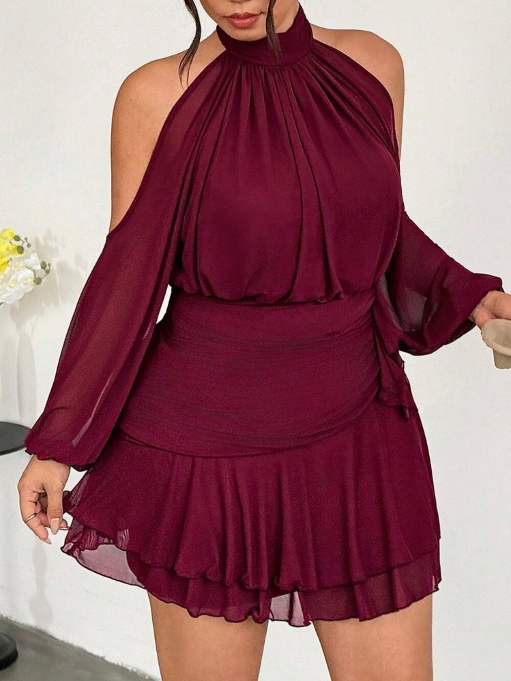 Red Violet Elegant Women's High-Stretch Plus Size Mini Dress With Waist-Cinching